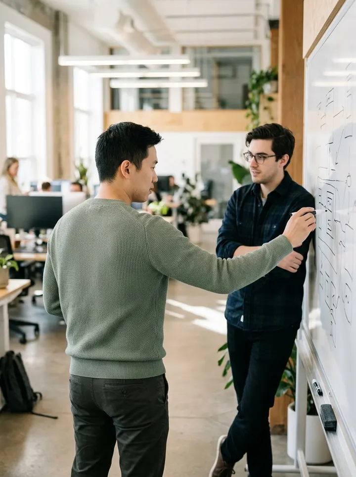 An engineer sketching a system diagram on a whiteboard