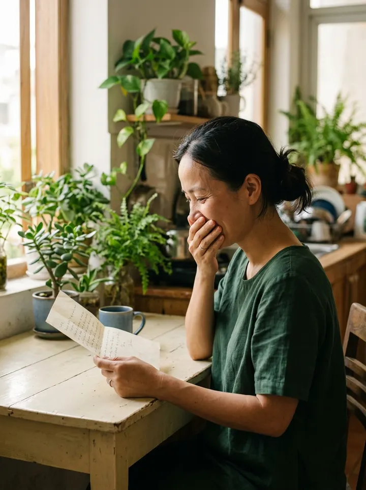 A woman smiling as she reads a letter at a wooden table