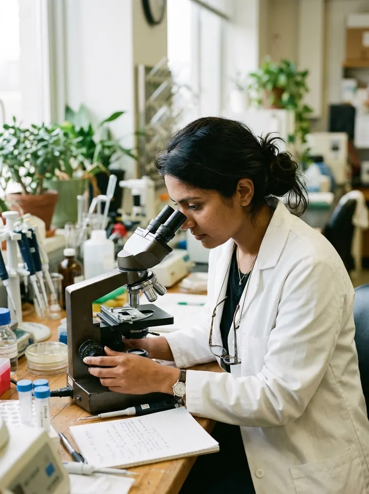 A researcher looking into a microscope in a bright lab