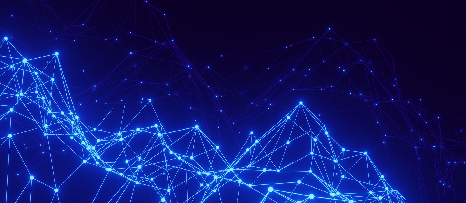 An abstract network of glowing nodes joined by lines on a dark background