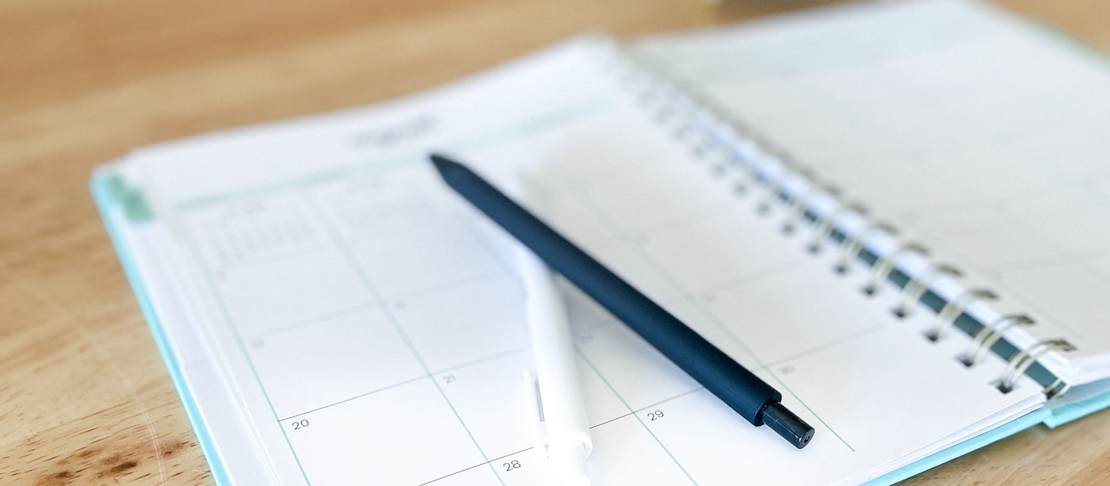 An open planner showing a blank month, with two pens resting on it