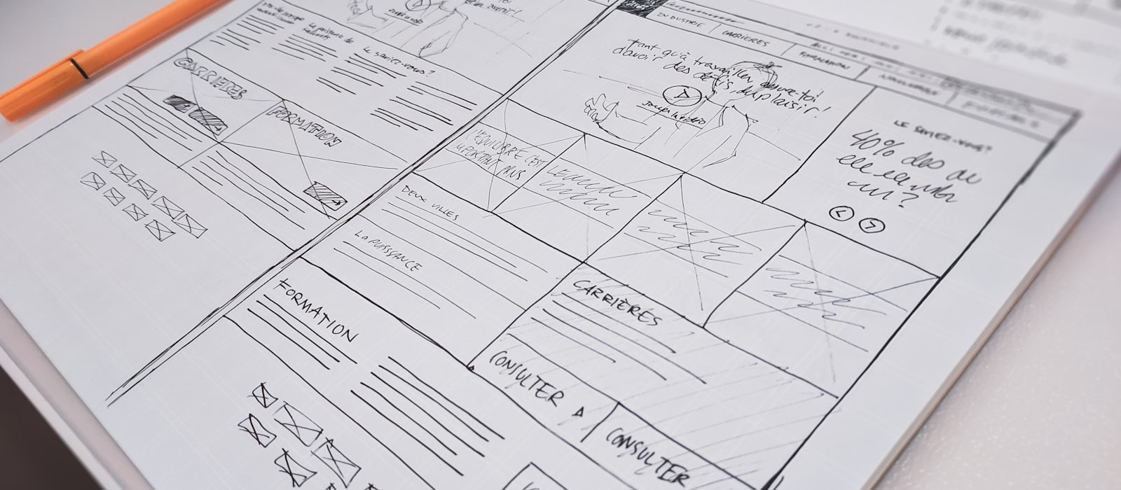 Hand-drawn interface wireframes on paper beside a marker pen