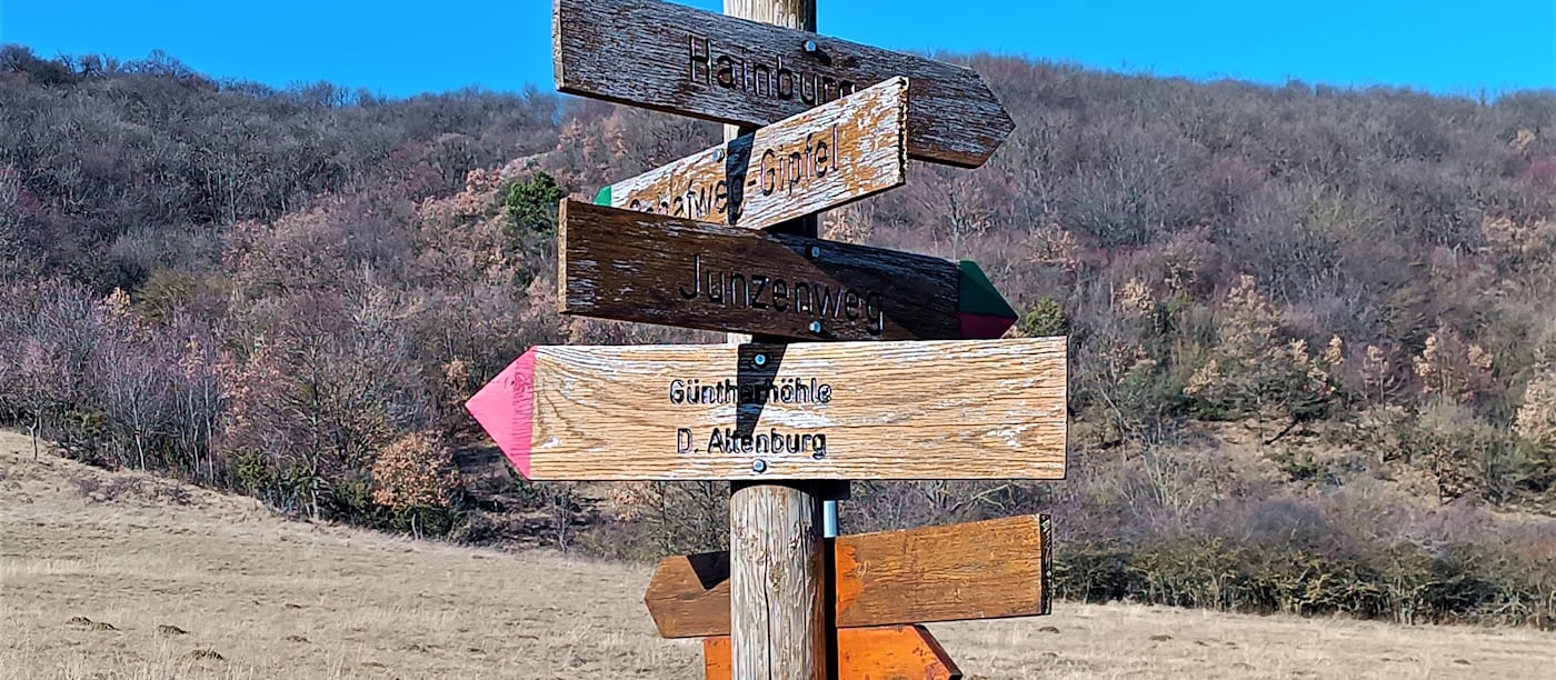 A wooden signpost carrying several direction arrows pointing different ways