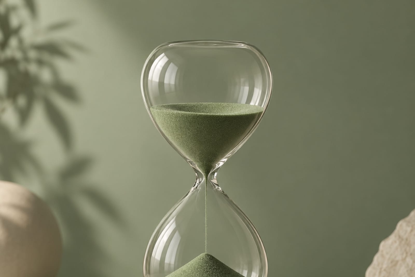 An hourglass with green sand on a round stone pedestal