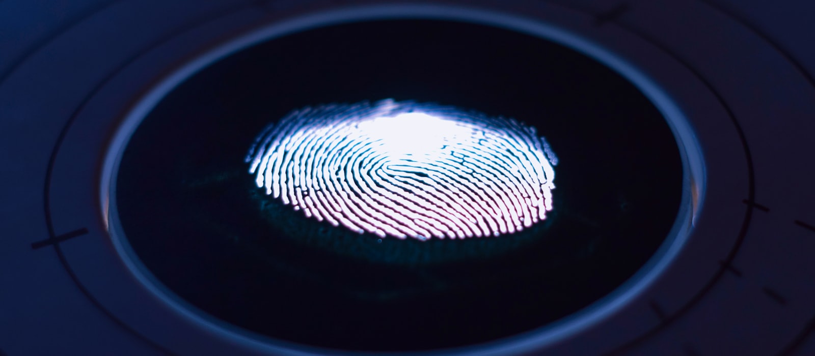A fingerprint glowing on a circular biometric scanner