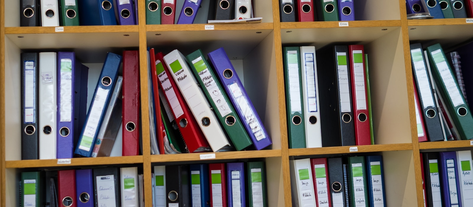 Shelving cubes packed with labelled ring binders