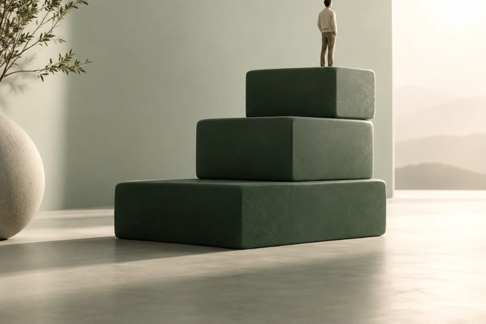 A small figure standing on top of a stepped green platform in a beam of light