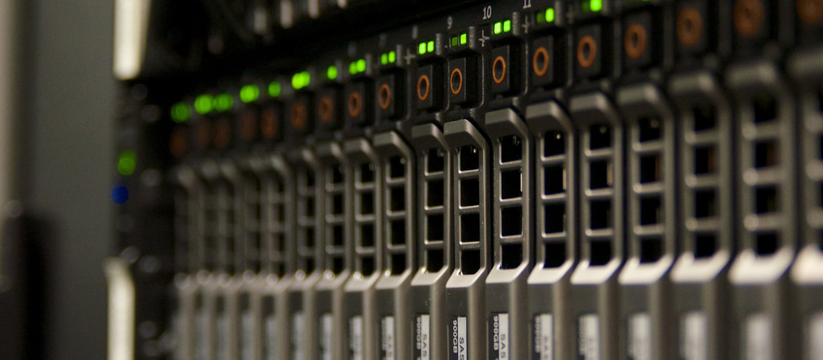 A row of drive bays in a server rack with status lights lit