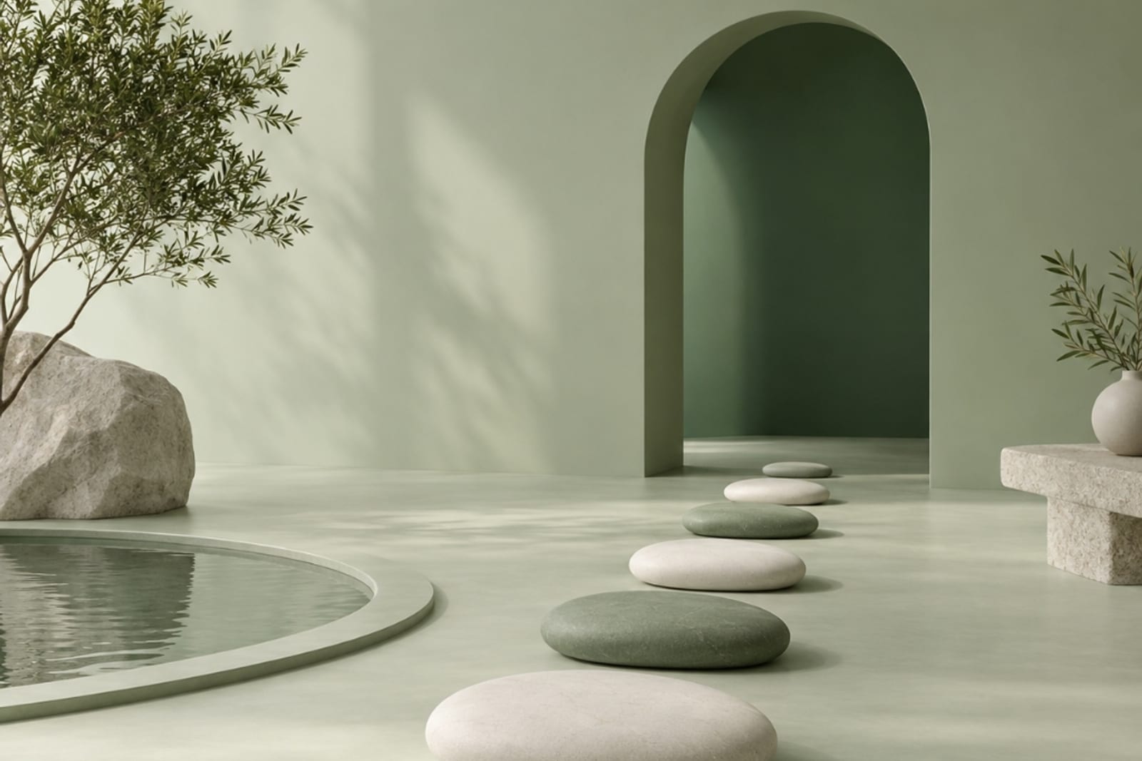 Stepping stones leading across a quiet green room toward an arched doorway