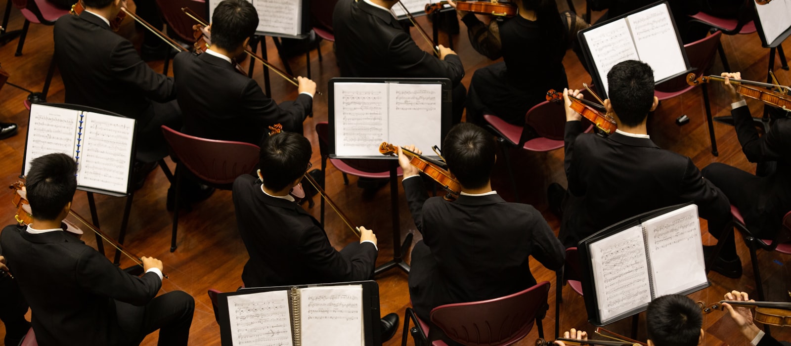 An orchestra seen from above, string players reading from music stands