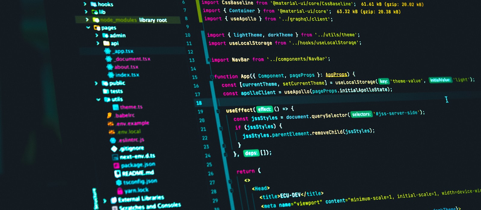 A code editor open on a dark screen beside a project file tree