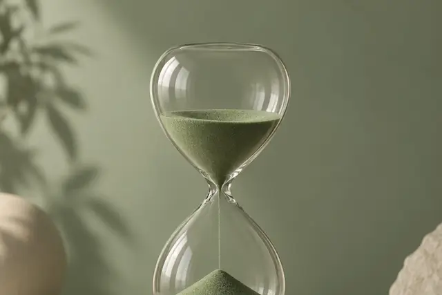 An hourglass with green sand on a round stone pedestal