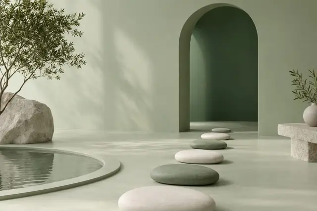 Stepping stones leading across a quiet green room toward an arched doorway