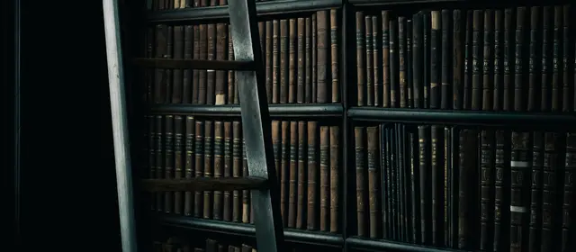 A dark wall of numbered leather-bound volumes with a library ladder leaning across it
